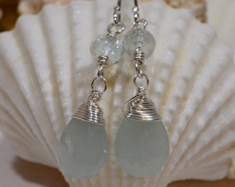 Aquamarine Gemstone Drop Earrings, Wire Wrapped Silver Jewelry