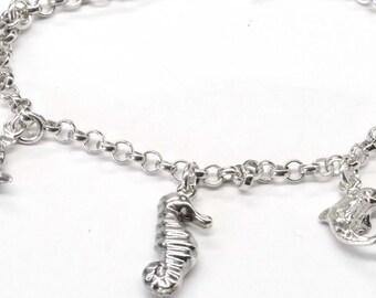 Sterling Silver Sea Animal Charm Bracelet, Rolo Chain