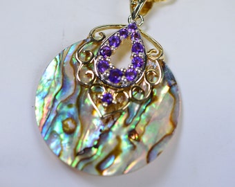 Natural Abalone Shell Pendant Amethyst Circle Harmony, Balance, Symbol Of Love Amethyst gemstone Rainbow Pendant