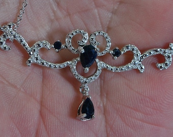 Genuine Deep Blue Sapphire Necklace  Sterling Silver Filigree Teardrop Delicate Necklace Gift For Women