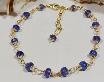 Tanzanite Bracelet Hand Wire Wrapped 14K gold filled Birthstone December Tanzanite in Gold Dainty Anklet Bracelet For Women Purple and Gold