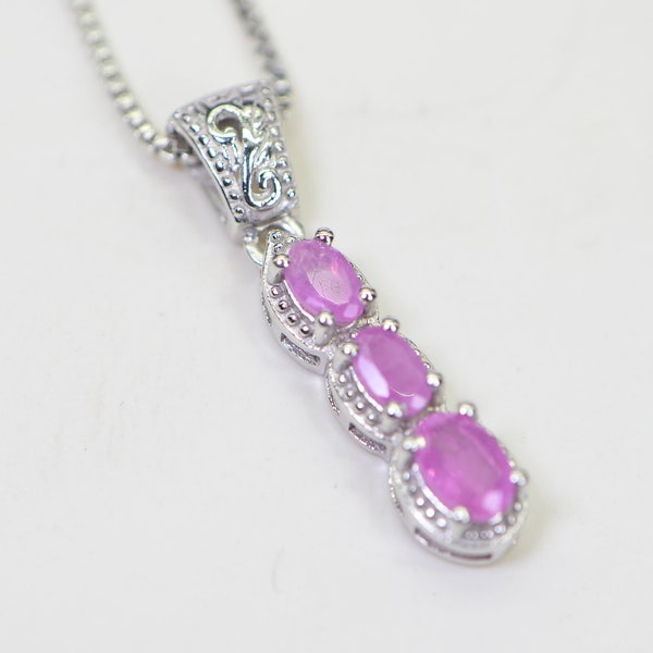 Natural Pink Sapphire Pendant Three Stone Stick Style One Row Sterling Silver Necklace  Anniversary Gift For Women Valentine Gift