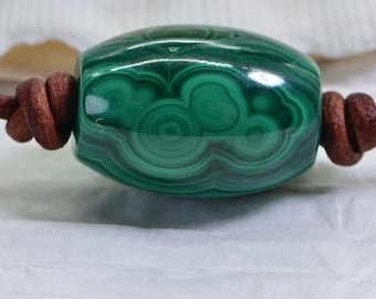 Malachite Barrel Stone Necklace, Leather Cord & Sterling Silver Clasp
