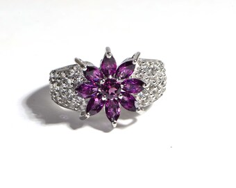 Natural Purple Garnet Cluster Flower Ring In 14K white Gold Over 925 Sterling Silver Gemstone Flower Ring Vintage Estate Jewelry