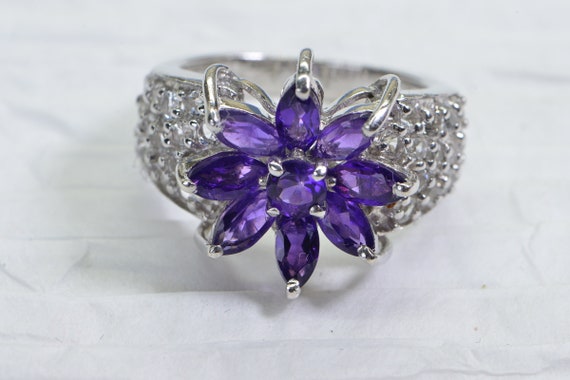 Natural Purple Amethyst Cluster Flower Ring In 14… - image 9