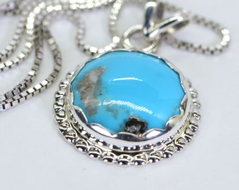 Arizona Turquoise Sleeping Beauty Pendant Blue Sky Turquoise Bezel Setting Sterlings Silver Necklace Round Turquoise Pendant