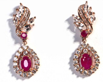 Ruby Zircon Earrings, Rose Gold Over Sterling Silver Leaf Design