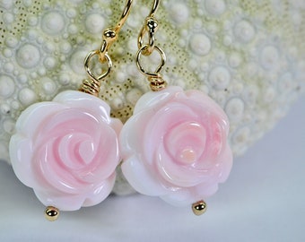 14K Gold Queen conch pink Carved Rose drop Earrings Flower Shell Earrings Gold Wire Wrapped Gemstone Pink Earrings