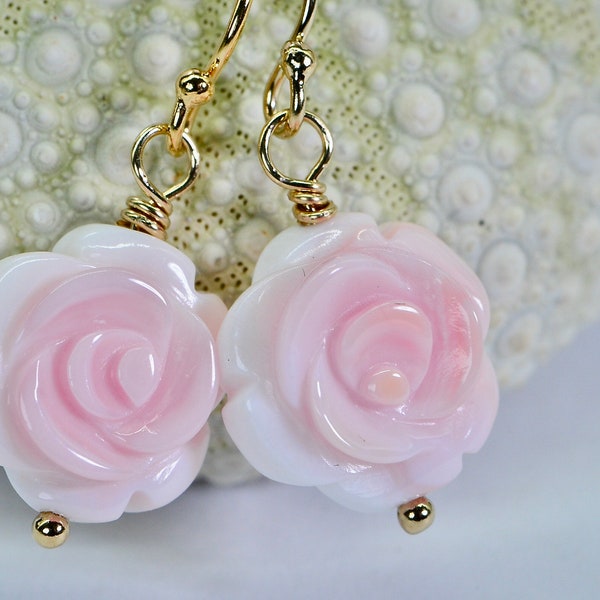 14K Gold Queen conch pink Carved Rose drop Earrings Flower Shell Earrings Gold Wire Wrapped Gemstone Pink Earrings