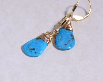 Kingman Turquoise Dangle Earrings, 14K Gold Filled Wire Wrapped