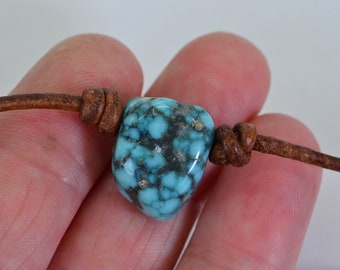 Raw Turquoise Spider Web Nugget Chunk on  Leather Cord Finished Sterling Silver ends  Necklace For Man or Women Gift
