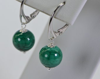 14K White Gold Malachite Earrings Simple Round Shape Drop Wire Wrapped Gold Over Sterling Silver Minimalist Earrings For Her Healing Crystal