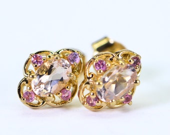 Natural Morganite and Pink Sapphire Stud Earrings 14K Gold Over Silver Vermeil Post Morganite Gemstone Earrings Wedding Bridal Earrings