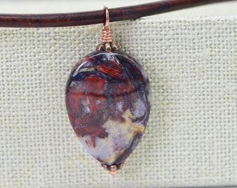 Pietersite Teardrop Pendant Leather Necklace Copper Jewelry Gemstone Necklace