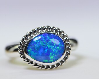 Australian Blue Opal Ring Sterling Silver
