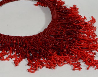 Red Coral Statement Necklace, Beaded Fringe Bib, Boho Choker
