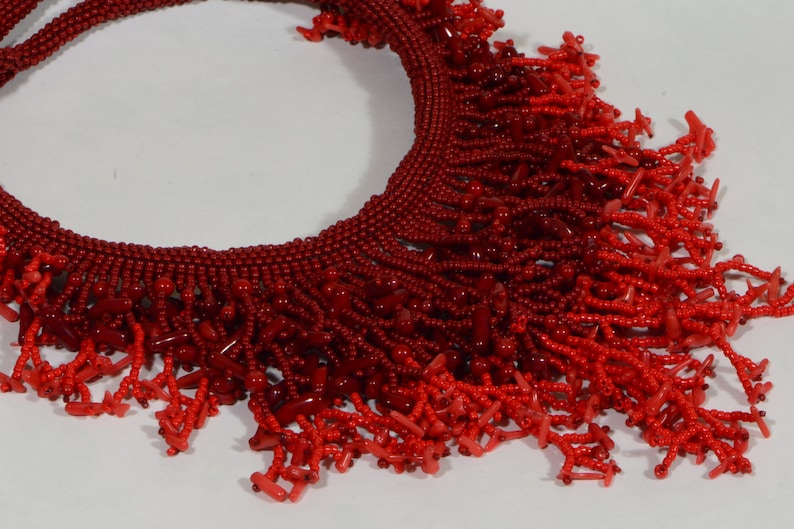 Natural Red Coral Necklace Coral Statement Necklace Beaded Choker Boho Necklace Bib Necklaces Fringe Necklaces Beach Necklace Multi Color image 1