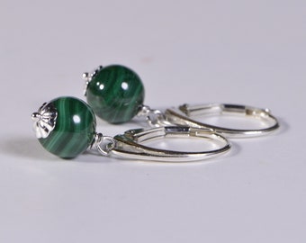 Malachite Earrings Simple Round Shape Drop Wire Wrapped Sterling Silver Minimalist Earrings For Her