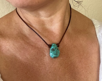 Raw Turquoise Large Nugget Necklace - 43ct Single Stone on Leather - Men's Choker Gemstone Necklace