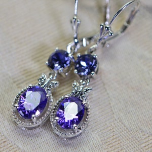 Amethyst and Tanzanite Drop Earrings  Silver 925 Milgrain Halo Illusion Diamond Handmade Jewelry Amethyst Jewelry February stone Earrings