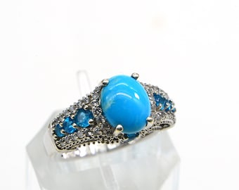 Arizona Sleeping Beauty Turquoise Neon Blue Apatite Ring Rhodium Over Sterling Silver  Gemstone Vintage  Rings Size  US