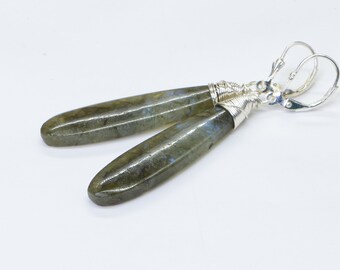 gemstone labradorite earrings long teardrops gemstone earrings drops gray blue flash sterling silver , Birthstone Earrings