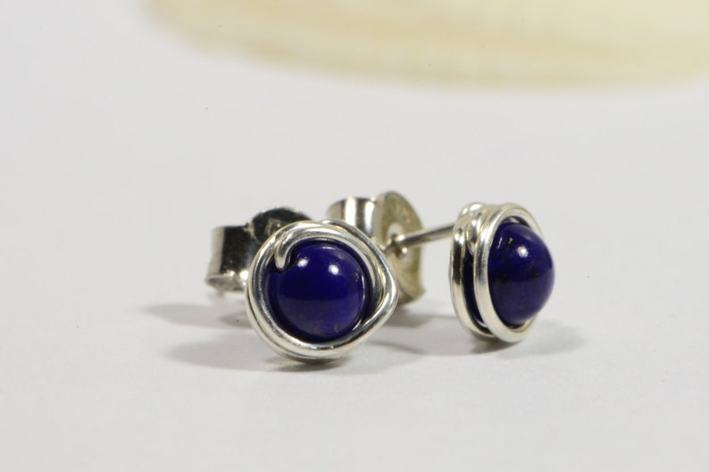 Lapis Lazuli Studs Earrings Tiny Post Earrings Gemstone Earrings Wire Wrapped Post Earrings Birthstone Jewelry image 3