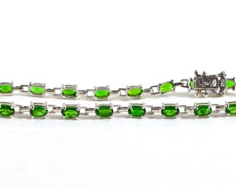 Oval Russian Chrome Diopside Tennis Bracelet Prong Setting In Sterling Silver Natural Green Stone Vintage Style Bracelet