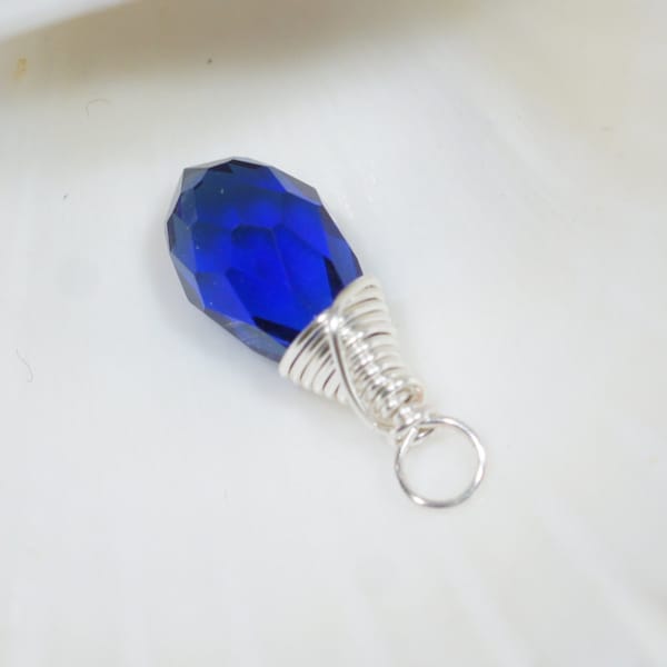 Wire Wrapped Pendant Blue Sapphire color glass briolette Birthstone September