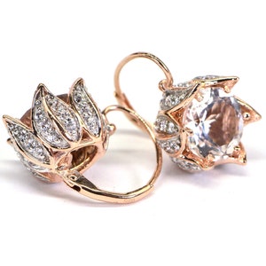Diamond Flower Earrings, 14K Rose Gold Flower Earrings Large Stone Earrings Vintage Style Earrings White Topaz
