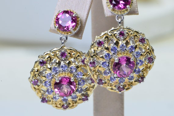 Pink Topaz Tanzanite Multi Stone  Lace Fancy Earr… - image 4