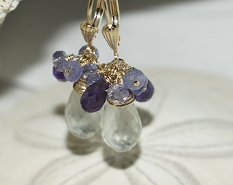 Green Amethyst , Purple Amethyst Tanzanite Earrings. 14K Gold earrings. Chandelier Earrings.