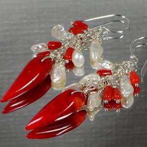 Red Coral  Earrings Dangle Earrings Coral and Pearl Sterling Silver Earrings Birthstone Jewelry Red and White Earrings