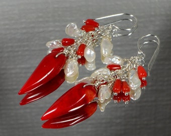 Red Coral & Keshi Pearl Sterling Silver Dangle Earrings