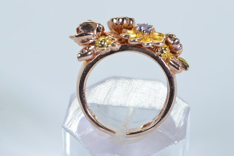 Multi Gemstone Flower Ring: Ruby, Tanzanite, Pearl, Rose Gold Vermeil, Size 6 image 5