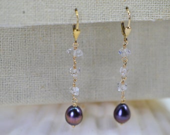 14K Yellow Gold Herkimer Diamond Black Pearl Earrings, April Birthstone Earrings,  Rough Crystal Earrings, Dainty Multi Stone Earrings