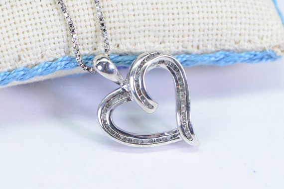 Vintage Genuine Diamond Heart Pendant 14K white g… - image 2
