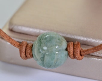 Burma Green Jade Carved Lotus Necklace: Leather Cord, Sterling Silver Clasp