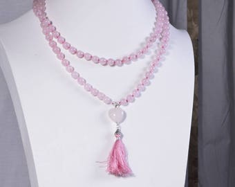 Mala beads 108 Rose Quartz Necklace Long Necklace  Rose Quartz Heart Necklace