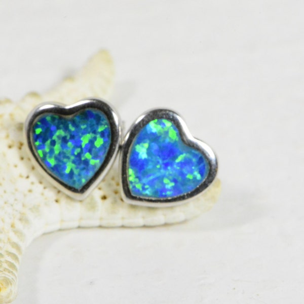 Blue Opal  Earrings Studs Opal Earrings Hearts Post Earrings