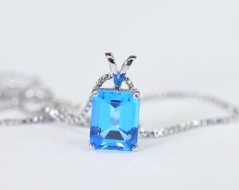 Bright Blue Topaz Emerald Cut Pendant 14K White Gold Over Sterling Silver Minimalist Pendant Necklace Blue Topaz Birthstone Stone November