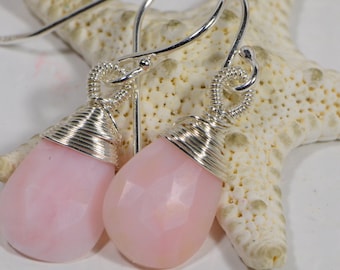 Peruvian Pink Opal Earrings Drop Earrings Beaded Earrings Wire Wrapped Sterling Silver Earrings