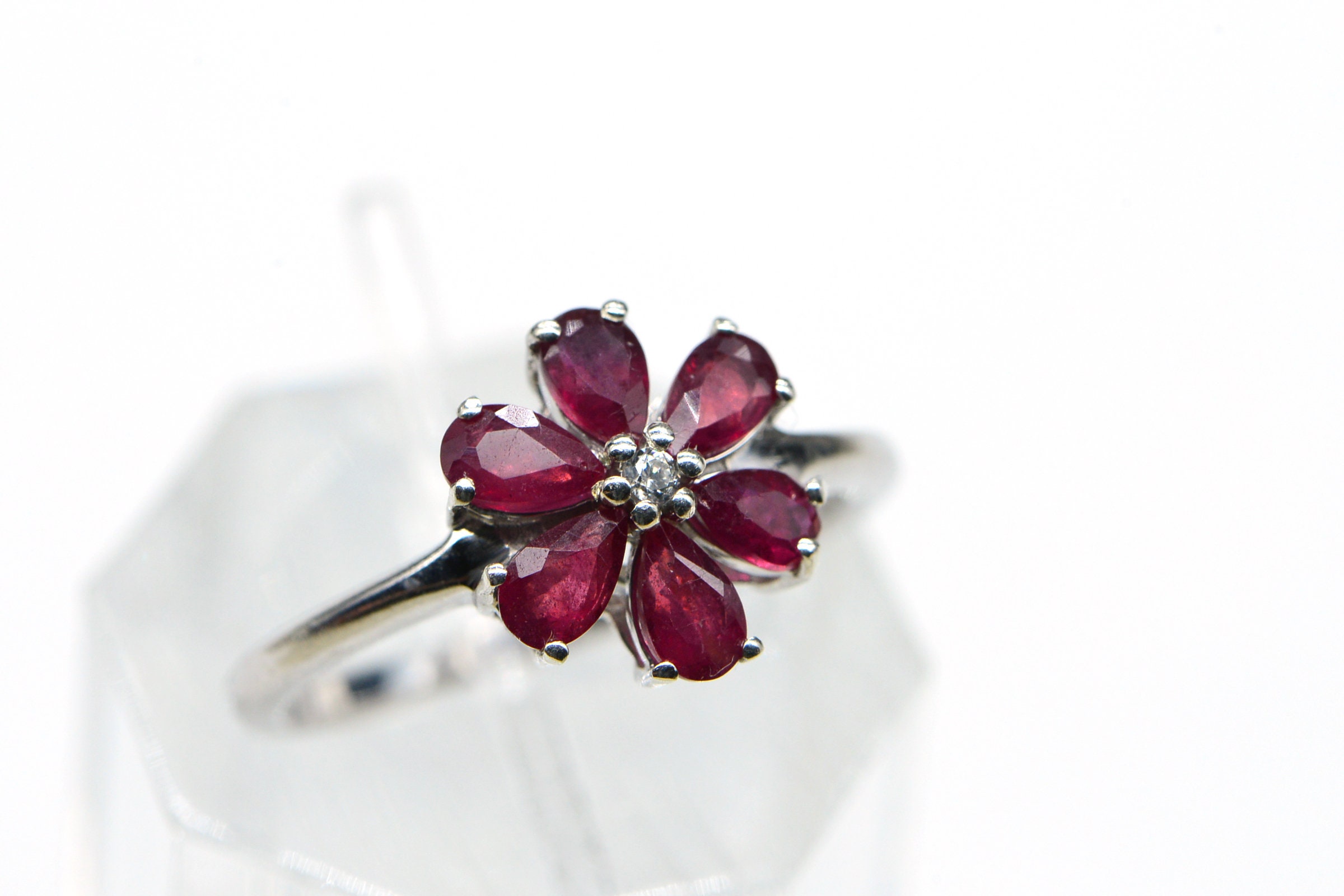 Natural Ruby and Zircon Rhodium over 925 Sterling Silver ring Flower Design Women Rings