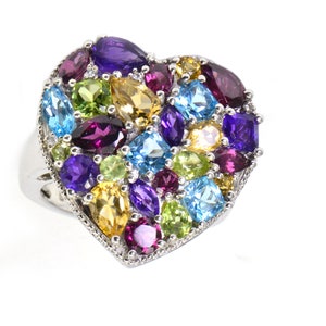 Wide Multi Stone Cluster Ring    Sterling Silver  Heart Style Ring Gemstone Multi Color Ring