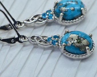 Sleeping Beauty Turquoise Pyrite Earrings: Sterling Silver Dangle with Apatite
