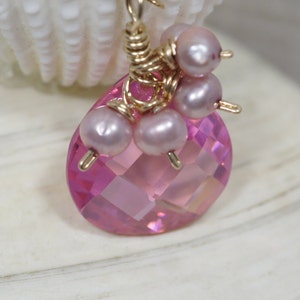 Pink Pearl and Cubic Zirconia Necklace 14k Gold Filled Jewelry Gemstone Necklace image 2