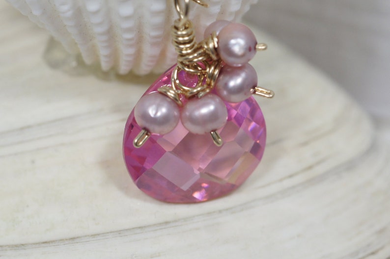 Pink Pearl and Cubic Zirconia Necklace 14k Gold Filled Jewelry Gemstone Necklace image 2