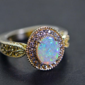 Australian White Opal Ring: Simulated Diamond Halo, 14K Gold Over Sterling Silver