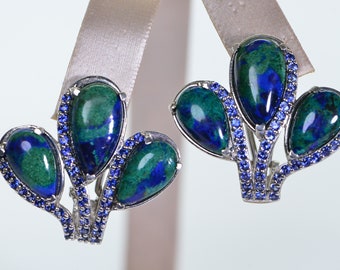Blended Azurite and Malachite Blue Sapphire Earrings Large Three Stone Teardrop Stud Earrings Blue Green Statement Earrings