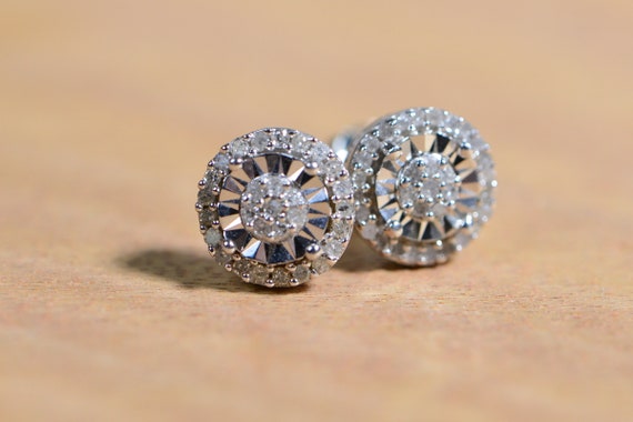 Natural Diamond Round  Stud Earrings 14K White Go… - image 7